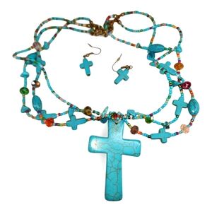 Boho Natural Turquoise  Bead Howlite Cross Necklace & Earrings  Colorful Beads